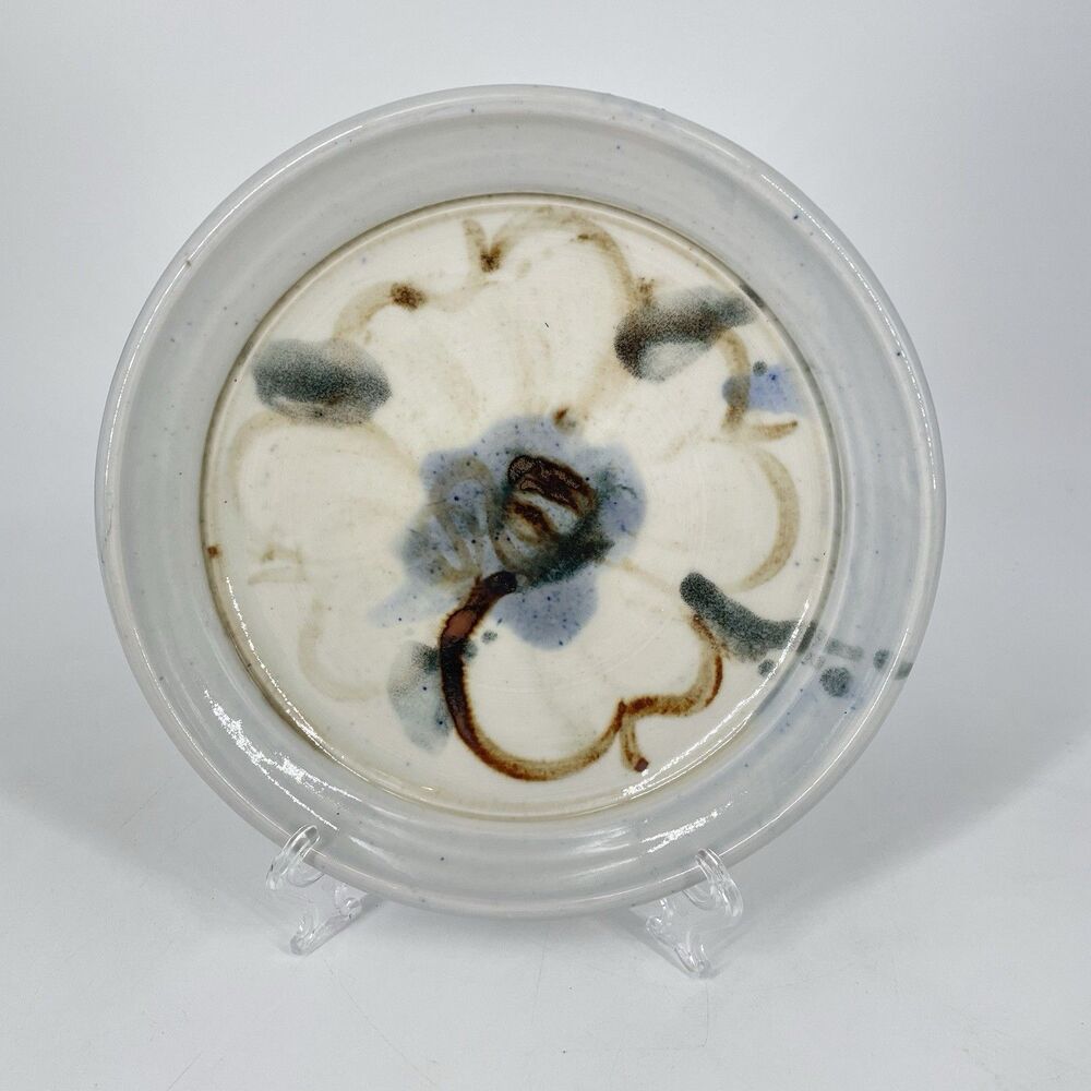 Signed Studio Pottery Plate 7.5” Ceramic Floral Blue Brown Glazed Art Pottery